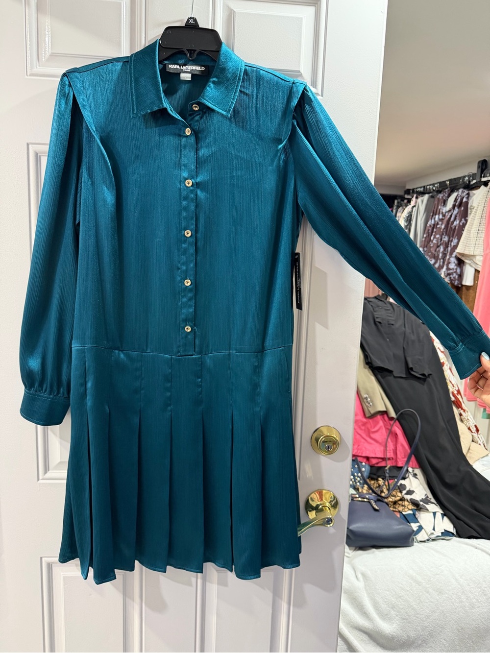 Karl Lagerfeld Teal Long-Sleeve Pleated Shirt Dress